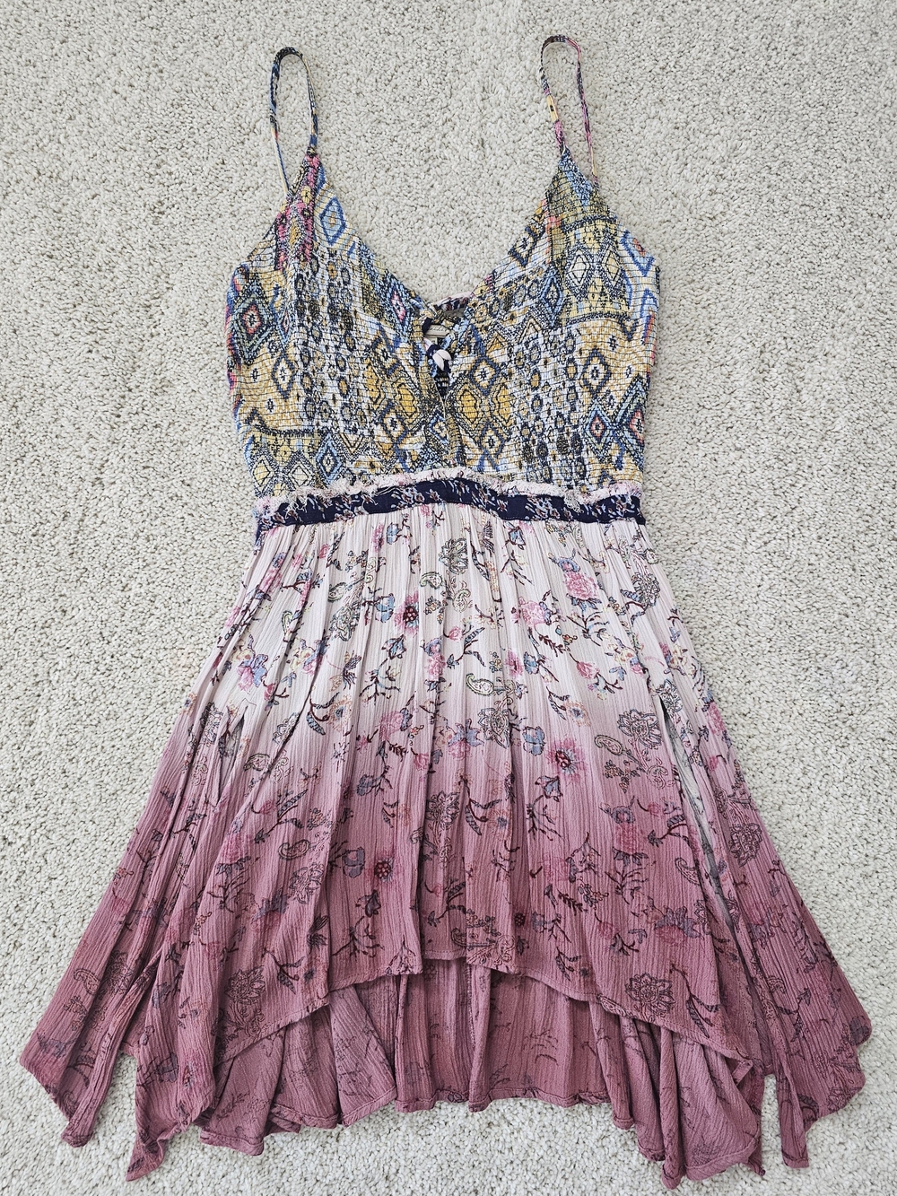 New Gimmicks by BKE Pink Ombre Floral High-Low Dress with Patterned Bodice